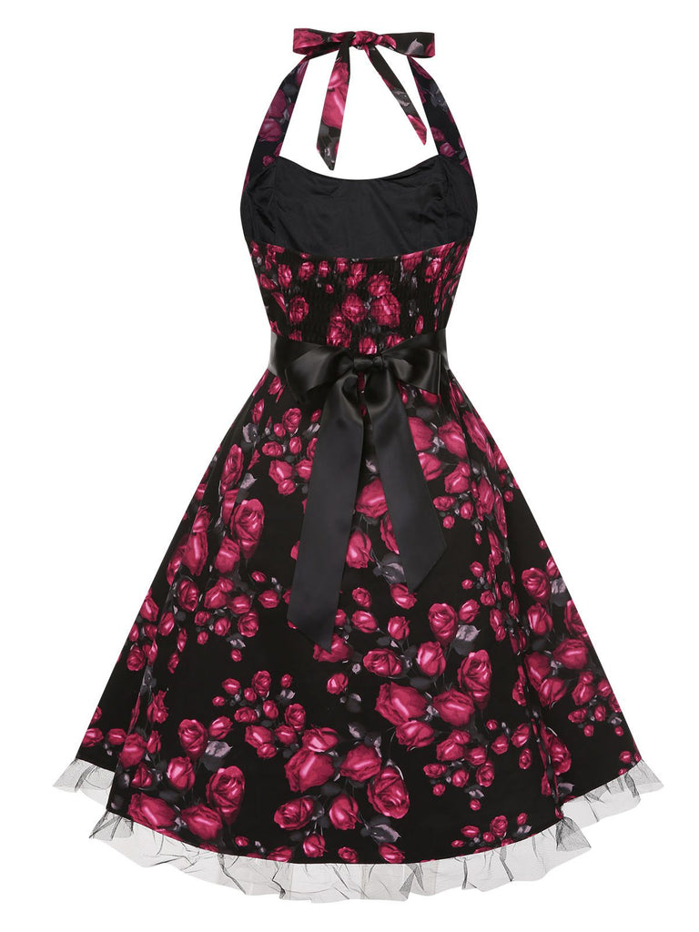 Red 1950s Floral Halter Lace Swing Dress, vintage dress, retro fashion, rockabilly, pin-up fashion - perfect for women who love vintage and retro fashion