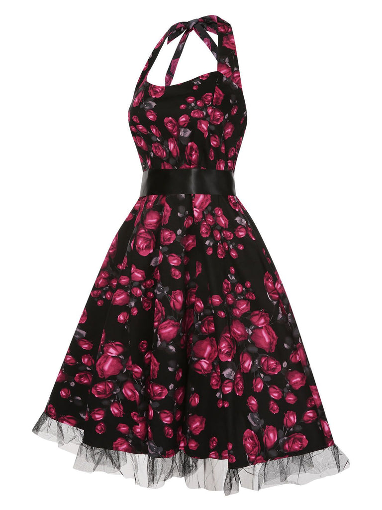 Red 1950s Floral Halter Lace Swing Dress, vintage dress, retro fashion, rockabilly, pin-up fashion - perfect for women who love vintage and retro fashion