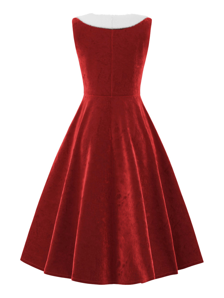 Retro 1950s Red Velvet Dress | White Trim Neckline Holiday Cocktail Party Dress Retro 1950s Red Velvet Dress | White Trim Neckline Holiday Cocktail Party Dress