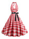 She slips into this Red 1950s Gingham Plaid Halter Swing Dress and suddenly it's a 1950s daydream