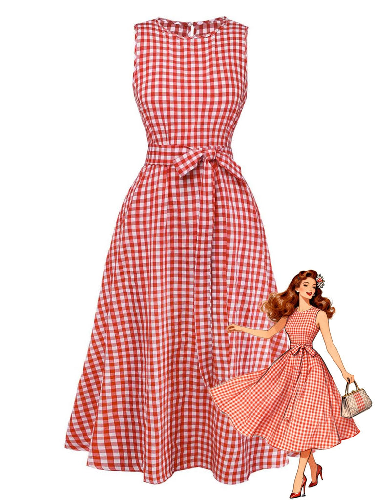 Vintage Pin up Gingham Sleeveless Swing Dress Red