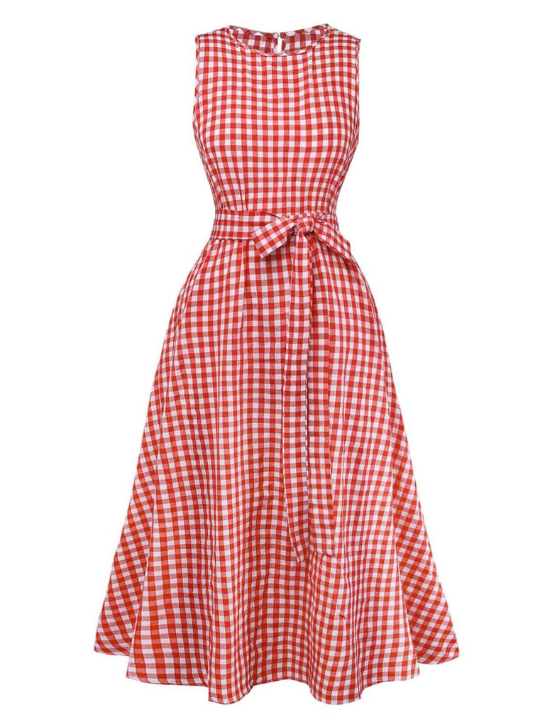 Vintage Pin up Gingham Sleeveless Swing Dress Red