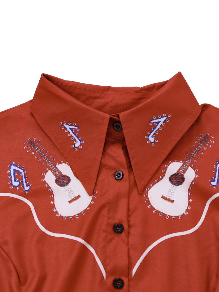 Red 1950s Guitar & Notes Lapel Dress - vintage dress, retro fashion, rockabilly