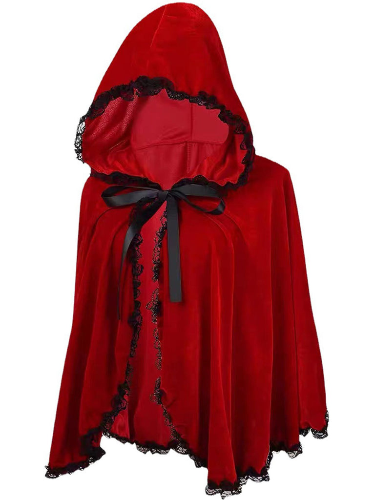 Red 1950s Halloween Lace Trim Velvet Cape - vintage fashion, retro style, elegant red