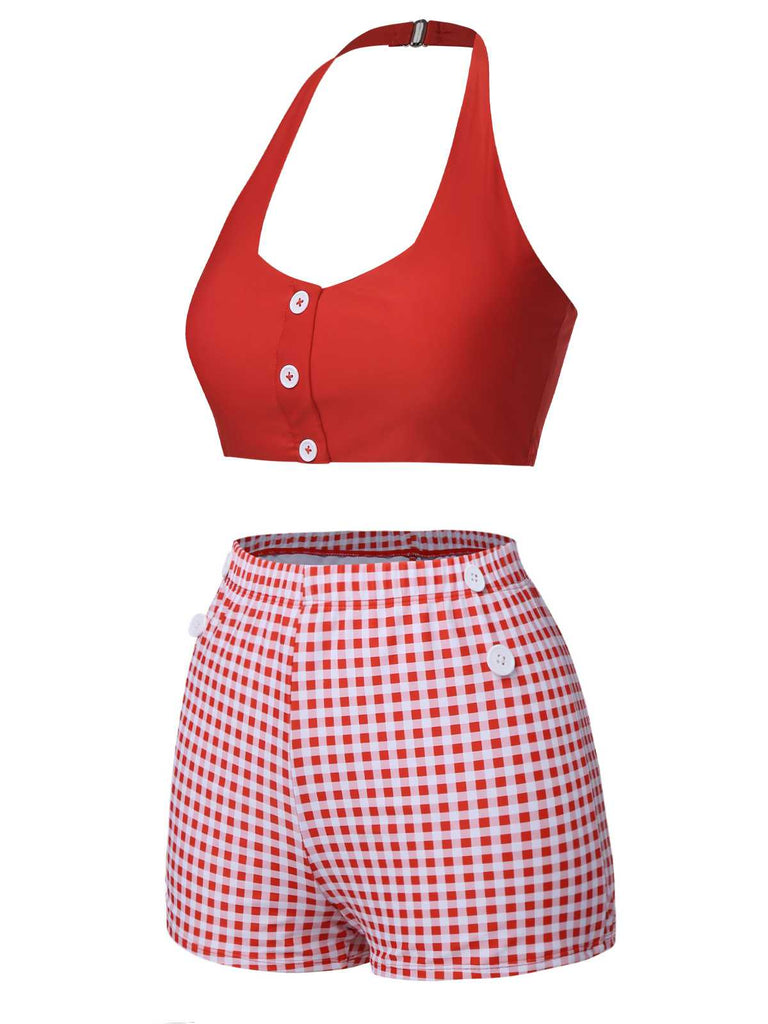 This Red 1950s Halter Plaids Swimsuit carries 1950s vacation dreams in every stitch