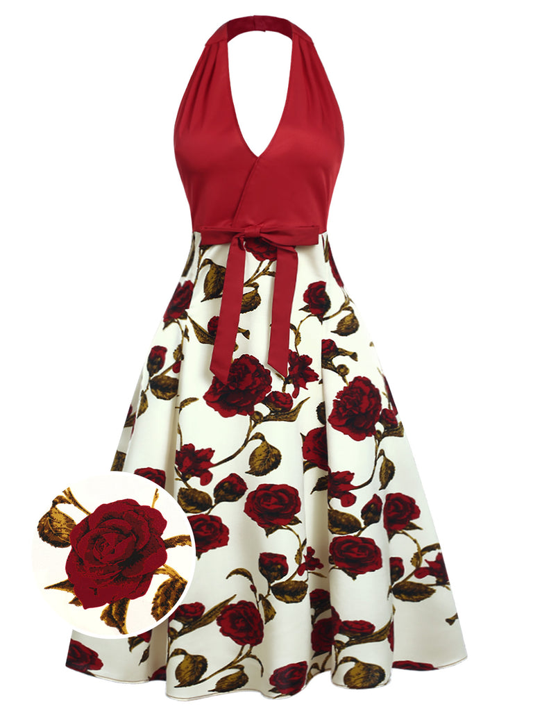 Red 1950s Halter Roses Bow Dress, vintage dress, retro fashion, rockabilly, pin-up fashion - perfect for women who love vintage and retro fashion