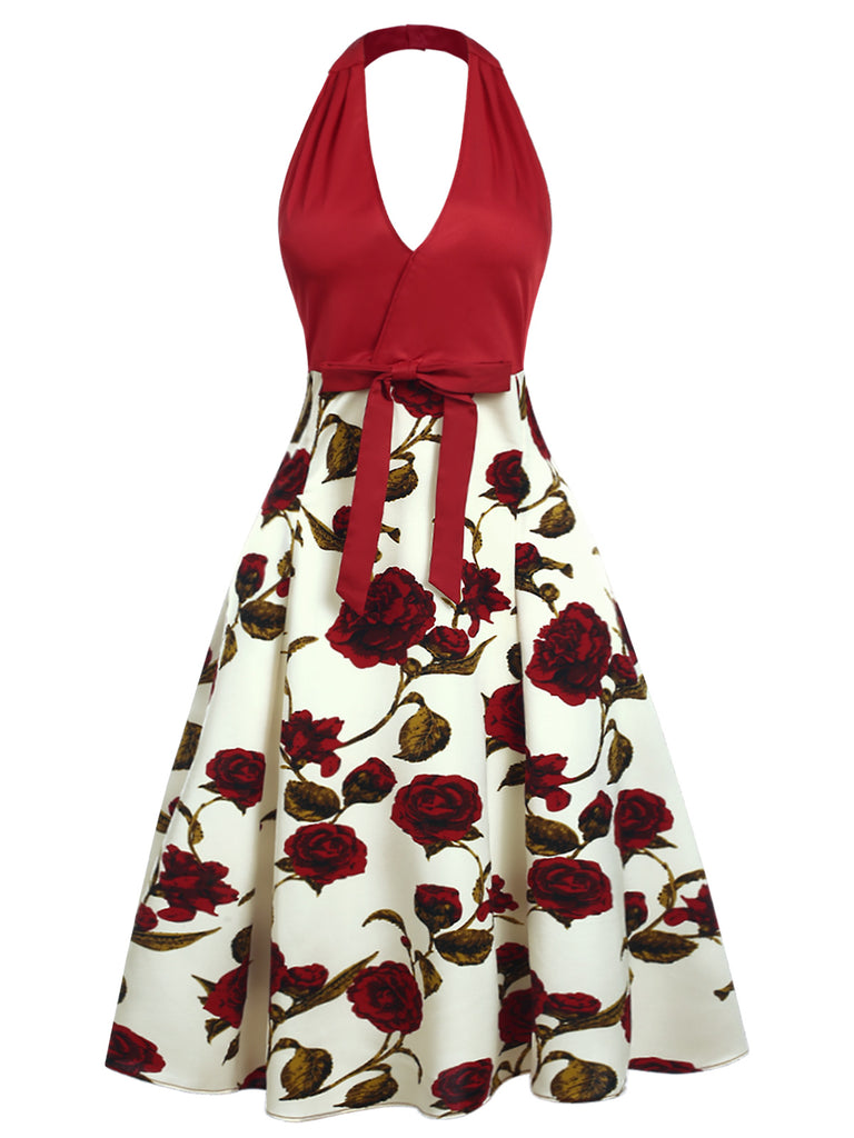 Red 1950s Halter Roses Bow Dress, vintage dress, retro fashion, rockabilly, pin-up fashion - perfect for women who love vintage and retro fashion