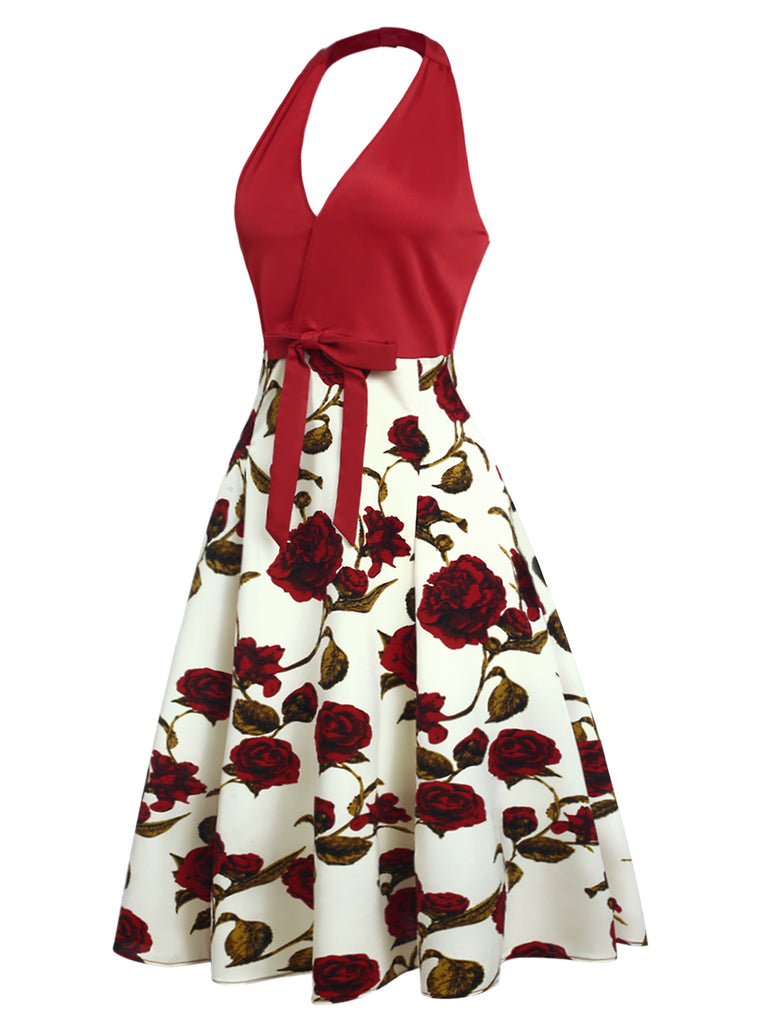 Red 1950s Halter Roses Bow Dress, vintage dress, retro fashion, rockabilly, pin-up fashion - perfect for women who love vintage and retro fashion