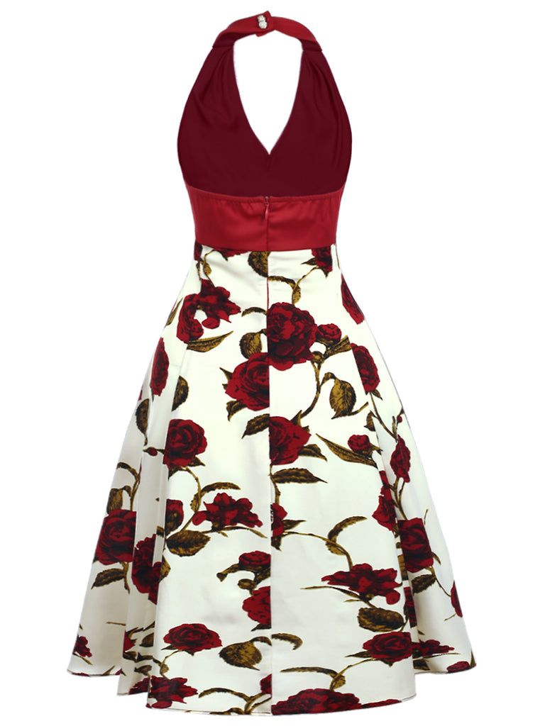 Red 1950s Halter Roses Bow Dress, vintage dress, retro fashion, rockabilly, pin-up fashion - perfect for women who love vintage and retro fashion