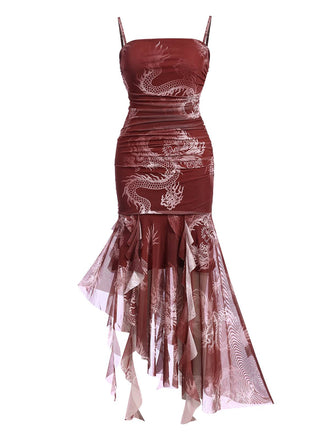 Red 1950s High-Low Halloween Dragon Mesh Dress, vintage dress, retro fashion, rockabilly, pin-up fashion - perfect for women who love vintage and retro fashion