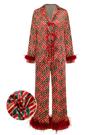 She finds her 1950s story in this Red 1950s Holly & Candy Cane Stripes Feather Pajama Set