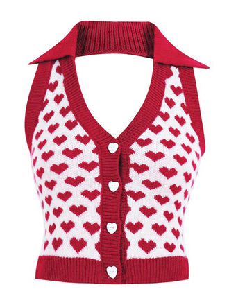 Red 1950s Knitting Heart Halter Button Tops - vintage fashion, retro style, elegant red