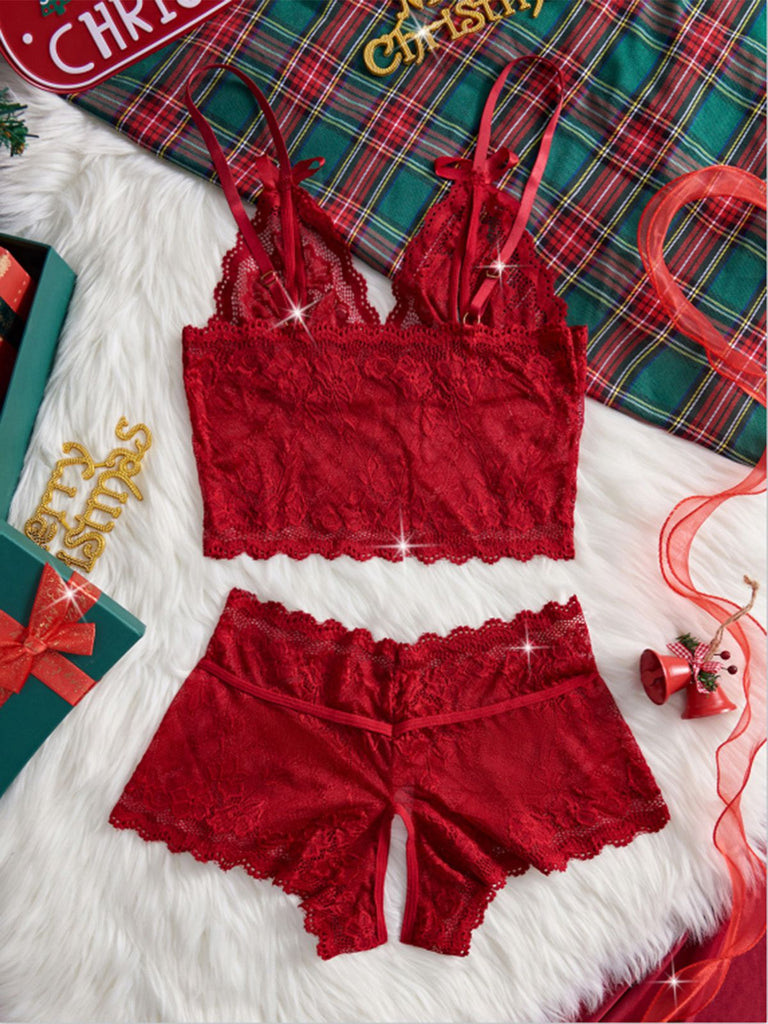 Red 1950s Lace Sheer Spaghetti Strap Sleepwear Set - vintage nightgown, retro sleepwear, elegant red