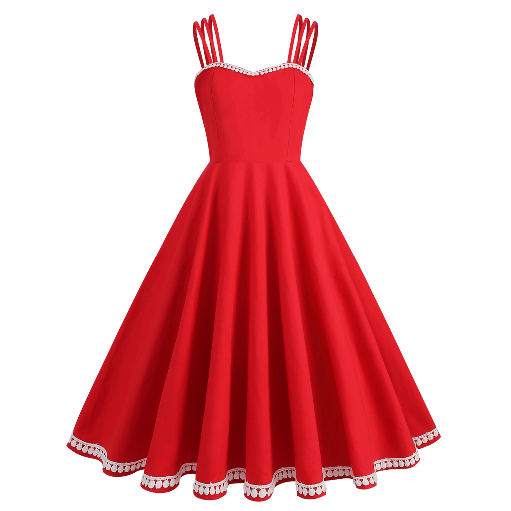 open lace back dress Red 1950s Lace Strap Swing Dress