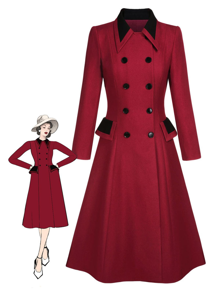 Red 1950s Lapel Double Breasted Coat - vintage fashion, retro style, elegant red