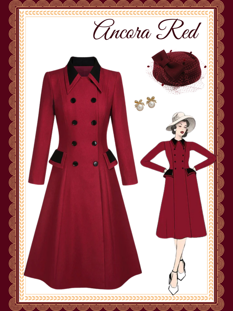 She throws on this Red 1950s Lapel Double Breasted Coat and the city feels like 1950s Paris