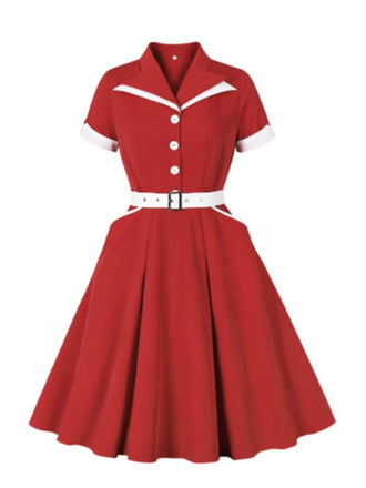 She slips into this Red 1950s Lapel Patchwork Belt Dress and suddenly it's a 1950s daydream