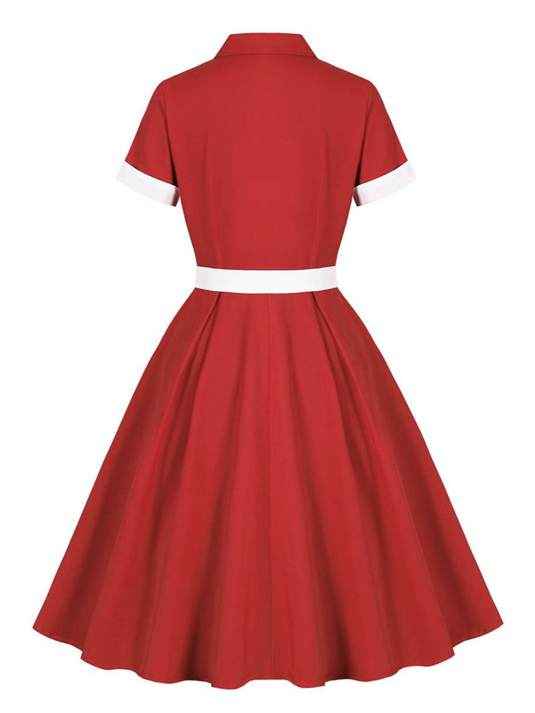 Red 1950s Lapel Patchwork Belt Dress: where 1950s romance meets her modern spirit