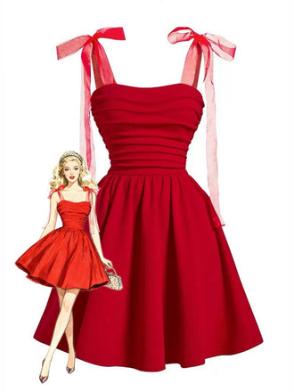 Red 1950s Mesh Bow Strap Ruched Dress - vintage dress, retro fashion, rockabilly