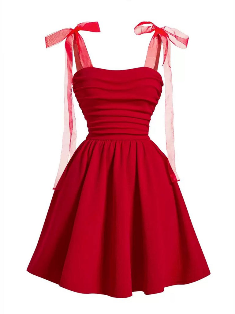 Red 1950s Mesh Bow Strap Ruched Dress - vintage dress, retro fashion, rockabilly