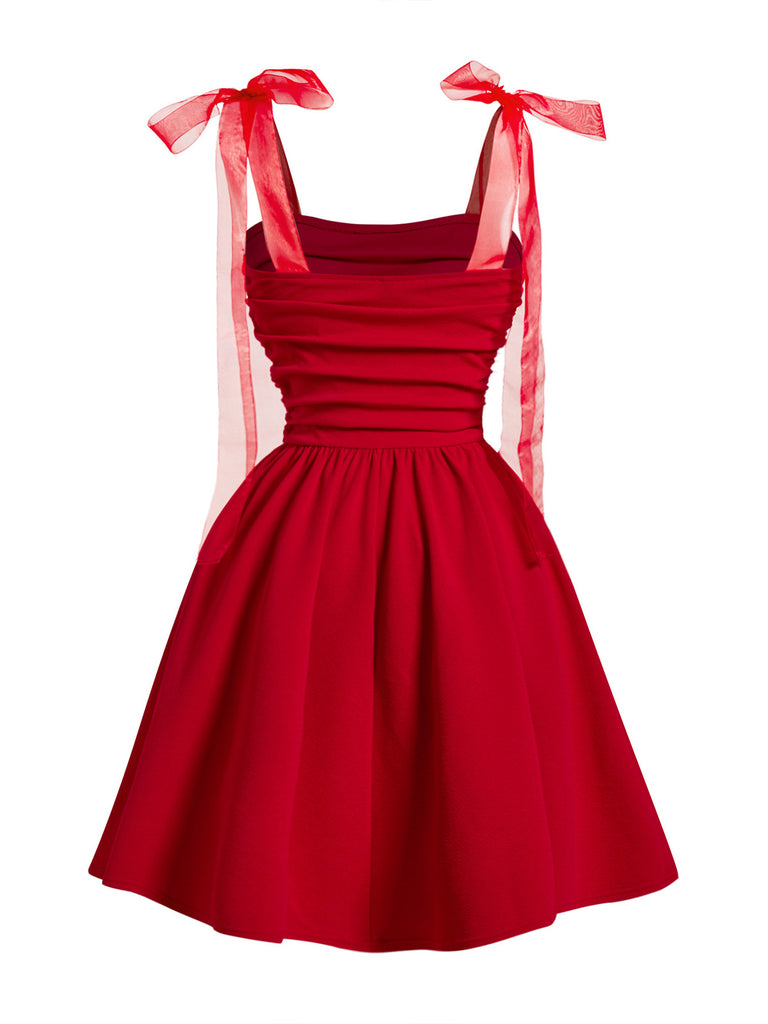 Red 1950s Mesh Bow Strap Ruched Dress - vintage dress, retro fashion, rockabilly