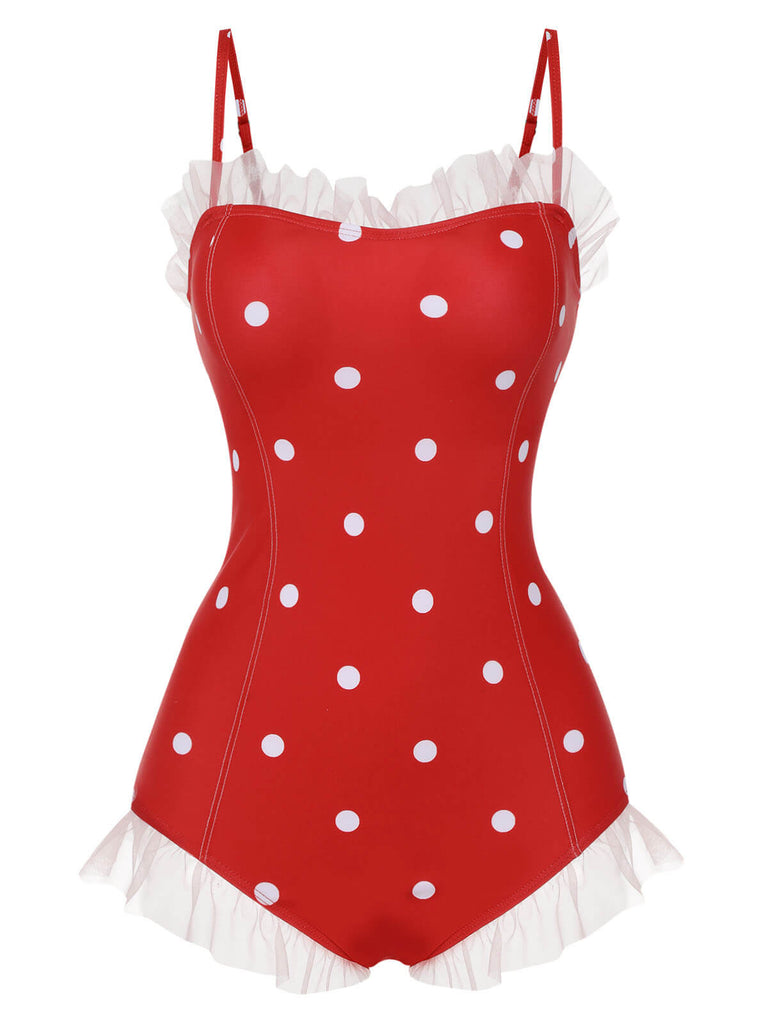 Red 1950s Mesh Polka Dot Swimsuit, vintage swimsuit, pin-up swimwear - perfect for women who love vintage and retro fashion