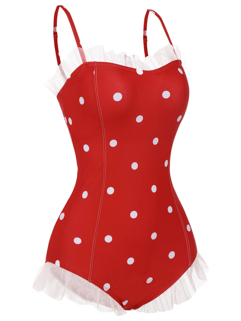 Red 1950s Mesh Polka Dot Swimsuit, vintage swimsuit, pin-up swimwear - perfect for women who love vintage and retro fashion