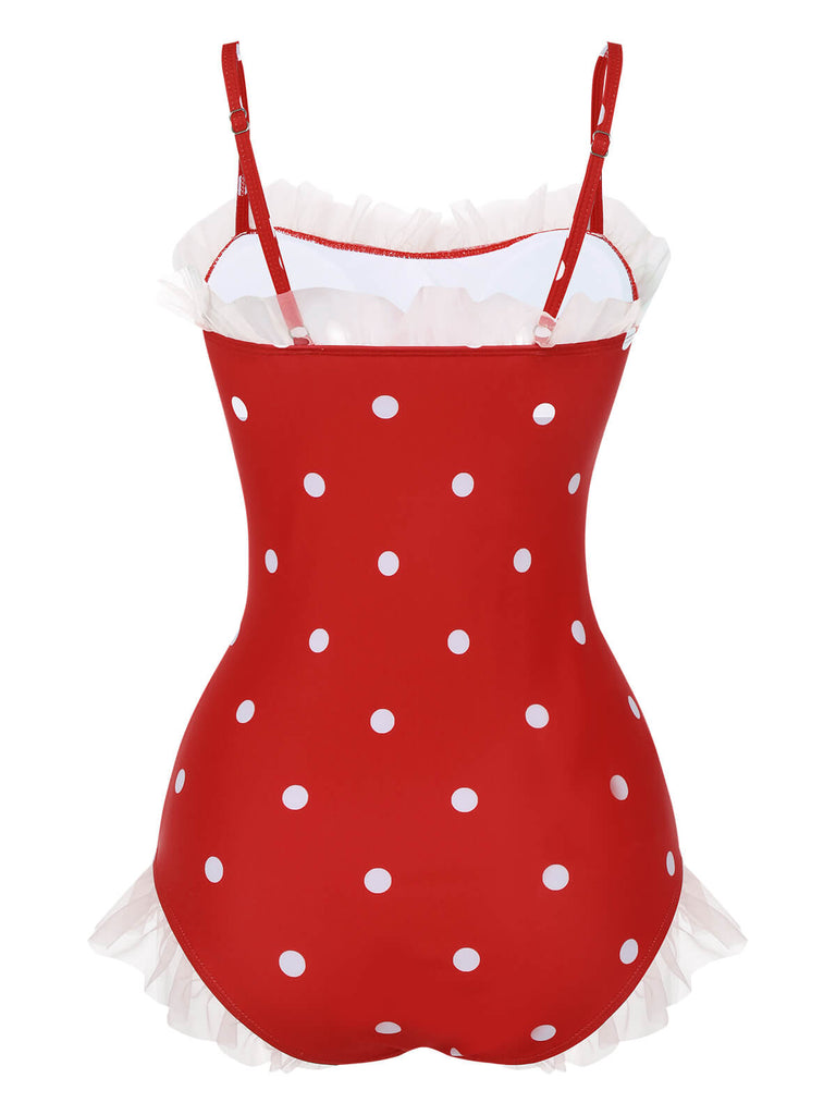 Red 1950s Mesh Polka Dot Swimsuit, vintage swimsuit, pin-up swimwear - perfect for women who love vintage and retro fashion