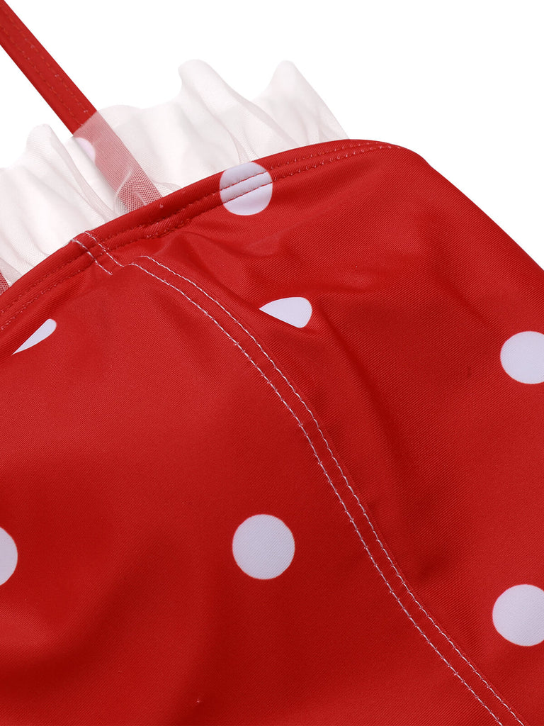 Red 1950s Mesh Polka Dot Swimsuit, vintage swimsuit, pin-up swimwear - perfect for women who love vintage and retro fashion