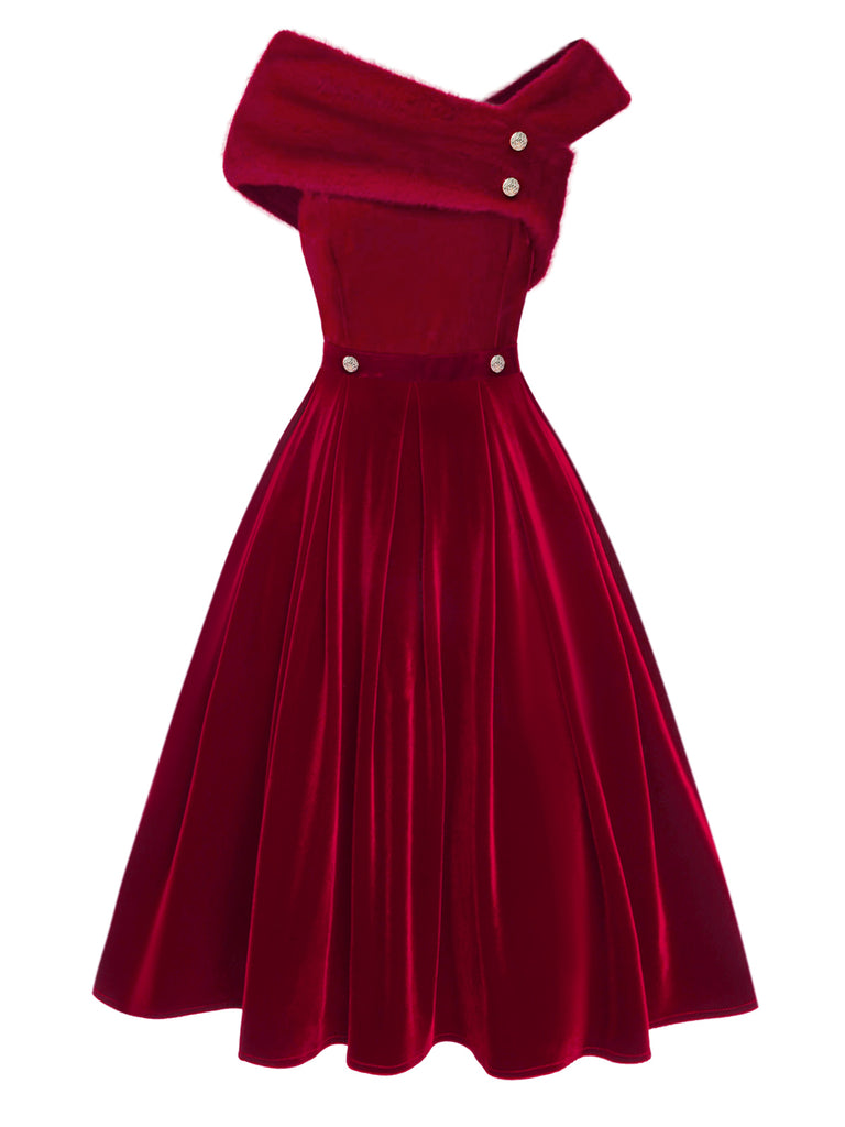 red velvet dress off the shoulder 1950s Fur Button chiffon asymmetric pleated shift and elegant Ruffles work inv-70 Color:Custom Color (Leaving a note)