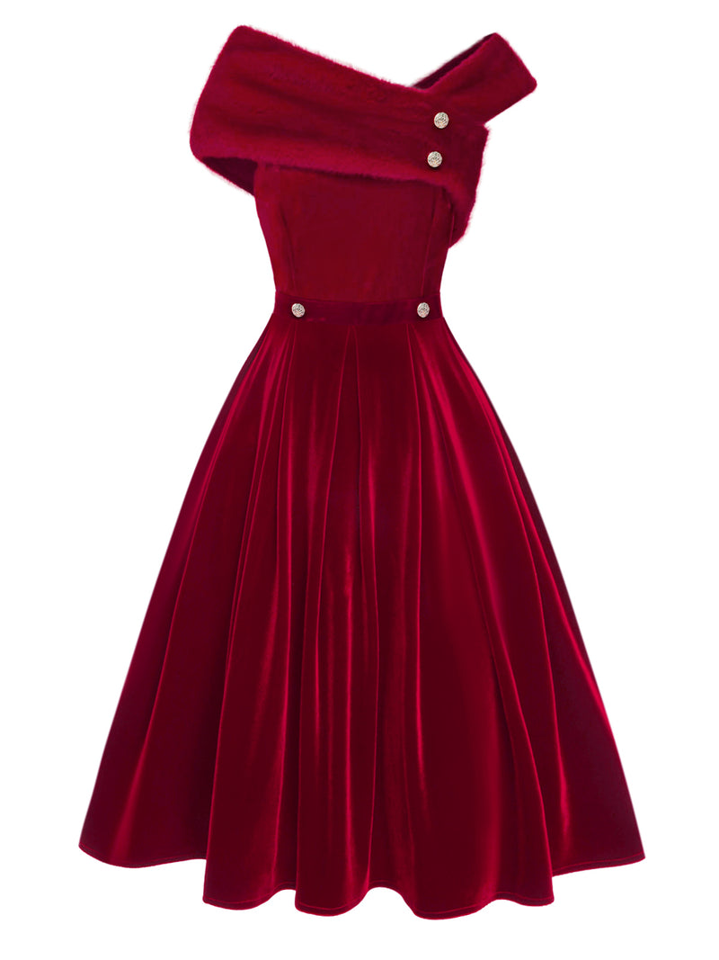 Red 1950s Off Shoulder Fur Button Velvet Dress | Retro Stage Red 1950s Off Shoulder Fur Button Velvet Dress | Retro Stage
