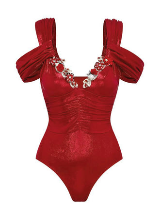 She's wearing Red 1950s Off-Shoulder 3D Floral One-Piece Swimsuit and the whole beach remembers the 1950s