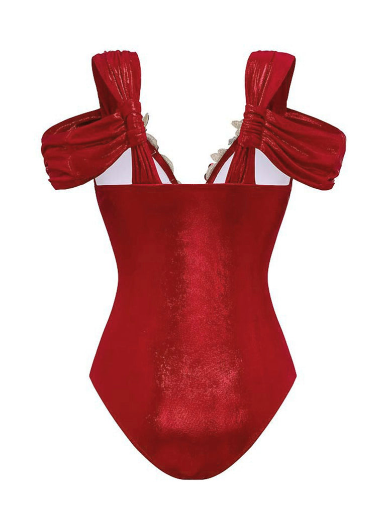 Red 1950s Off-Shoulder 3D Floral One-Piece Swimsuit: 1950s Riviera elegance, reimagined for her