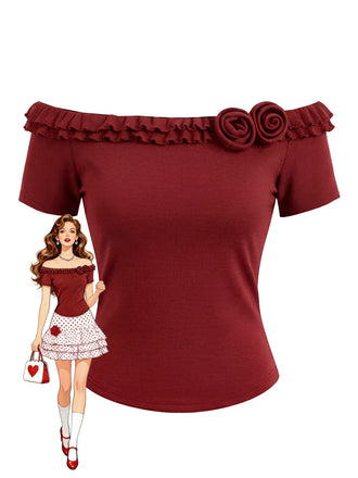 She pairs this Red 1950s Off-Shoulder Double Layer Ruffled Rose Knit Top with confidence and 1950s charm