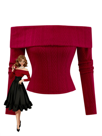 Red 1950s Off-Shoulder Knitted Sweater - vintage fashion, retro style, elegant red