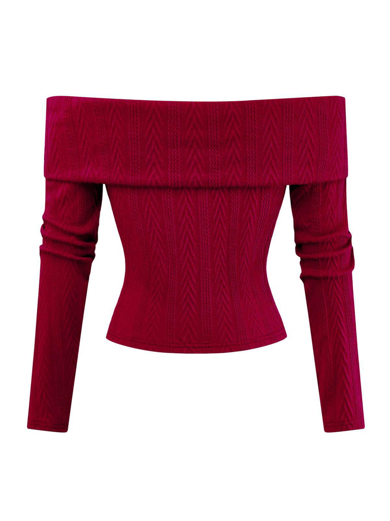 Red 1950s Off-Shoulder Knitted Sweater - vintage fashion, retro style, elegant red