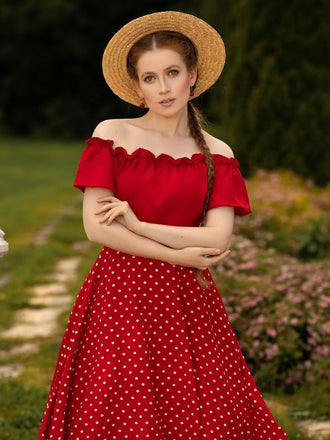 She slips into this Red 1950s Off-Shoulder Polka Dots Belted Dress and suddenly it's a 1950s daydream