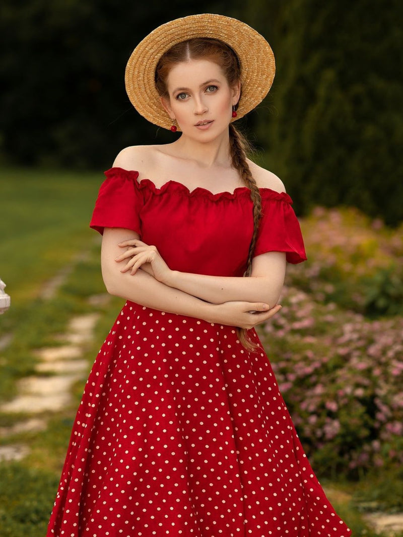 red polka dot off the shoulder dress 1950s Off-Shoulder Dots Belted Lucinda Recycled Nylon Off The polka dot _competition Style:EE00736DG
