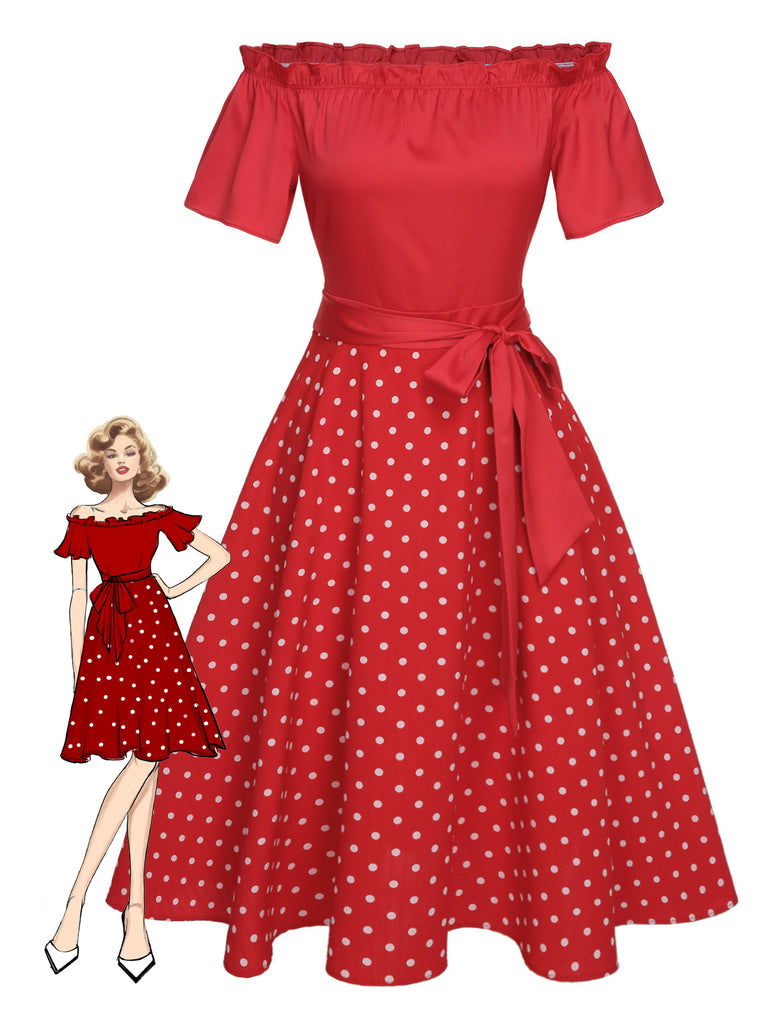 Red 1950s Off-Shoulder Polka Dots Belted Dress, vintage dress, retro fashion, rockabilly, pin-up fashion - perfect for women who love vintage and retro fashion