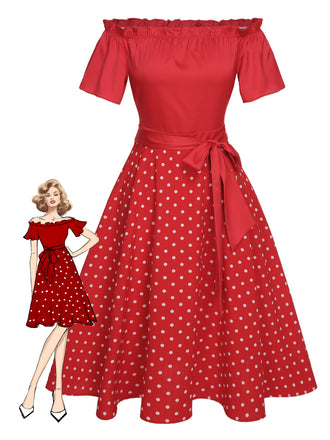 Red 1950s Off-Shoulder Polka Dots Belted Dress, vintage dress, retro fashion, rockabilly, pin-up fashion - perfect for women who love vintage and retro fashion
