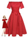 Red 1950s Off-Shoulder Polka Dots Belted Dress, vintage dress, retro fashion, rockabilly, pin-up fashion - perfect for women who love vintage and retro fashion