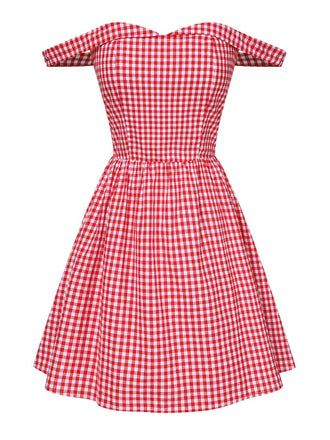 She slips into this Red 1950s Plaid Off-Shoulder Swing Dress and suddenly it's a 1950s daydream