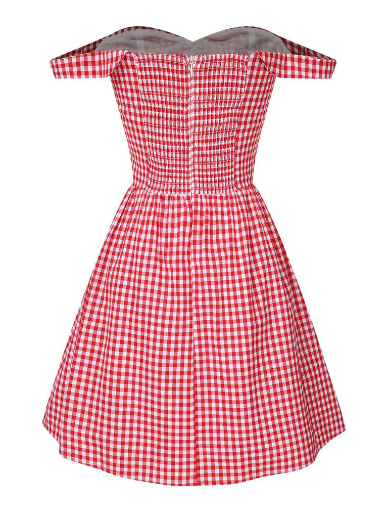 Red 1950s Plaid Off-Shoulder Swing Dress | Retro Stage Red 1950s Plaid Off-Shoulder Swing Dress | Retro Stage