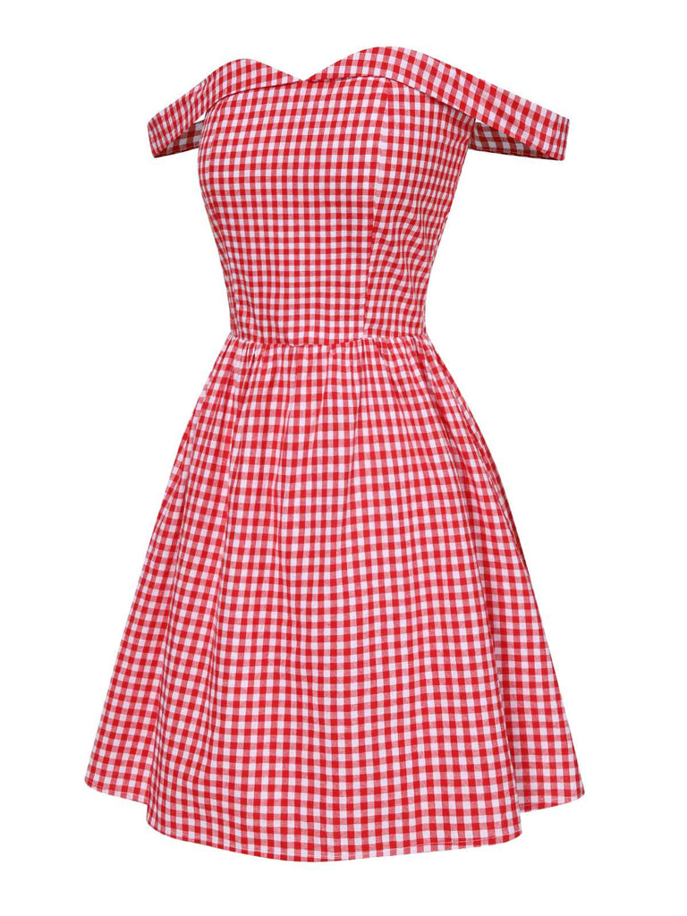 Red 1950s Plaid Off-Shoulder Swing Dress Red 1950s Plaid Off-Shoulder Swing Dress