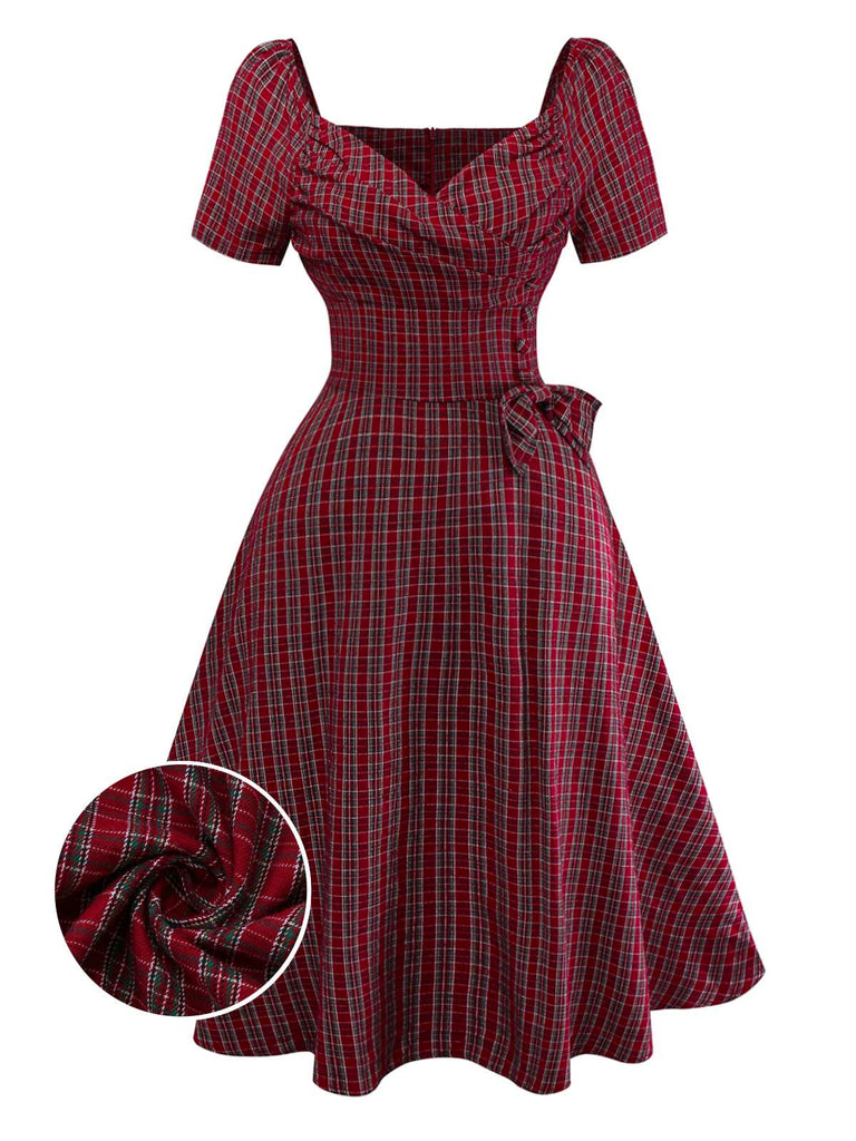 Red 1950s Plaid Ruched Sweetheart Neck Bow Dress - vintage dress, retro fashion, rockabilly