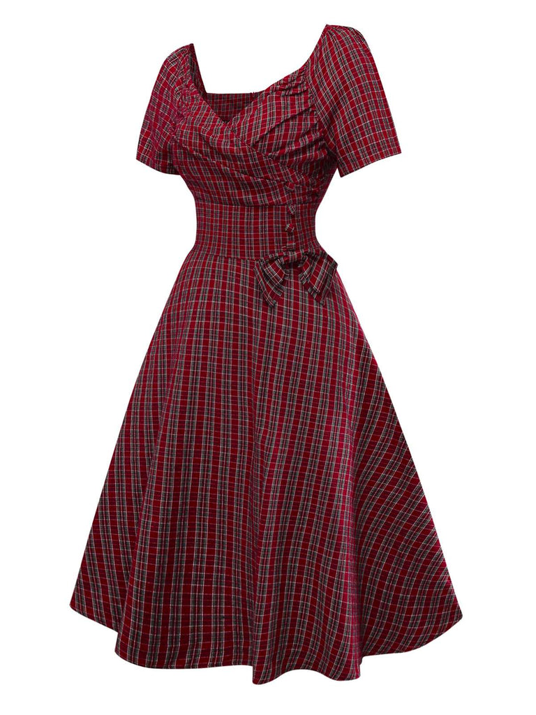 Red 1950s Plaid Ruched Sweetheart Neck Bow Dress - vintage dress, retro fashion, rockabilly