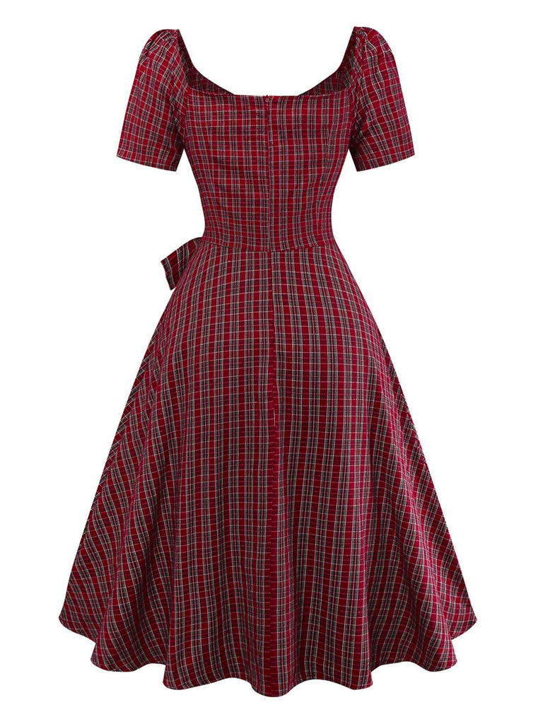 Red 1950s Plaid Ruched Sweetheart Neck Bow Dress - vintage dress, retro fashion, rockabilly