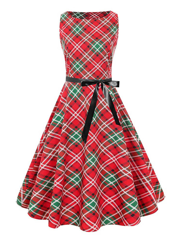 Retro Stage Christmas Plaid Sleeveless Swing Dress Red,S