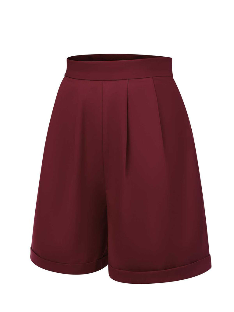 Red 1950s Pleated Turn Over Shorts: timeless style reimagined