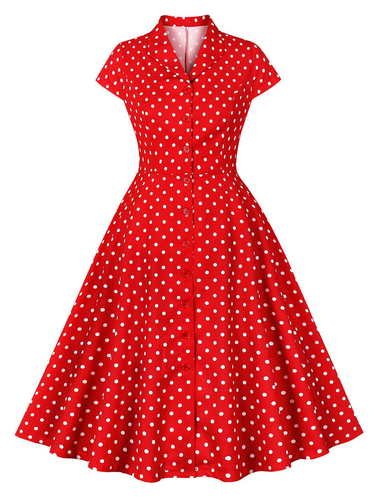 Red 1950s Polka Dot Buttoned Lapel Dress, vintage dress, retro fashion, rockabilly, pin-up fashion - perfect for women who love vintage and retro fashion